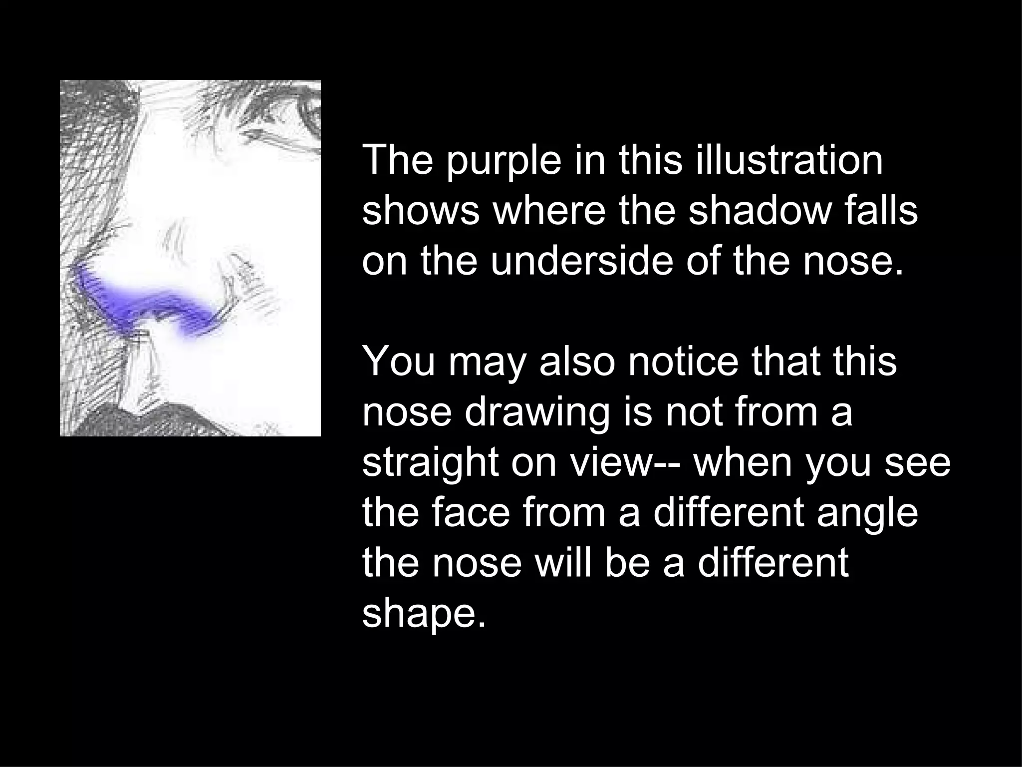 The purple in this illustration shows where the shadow falls on the underside of the nose. You may also notice that this nose drawing is not from a straight on view-- when you see the face from a different angle the nose will be a different shape. 
