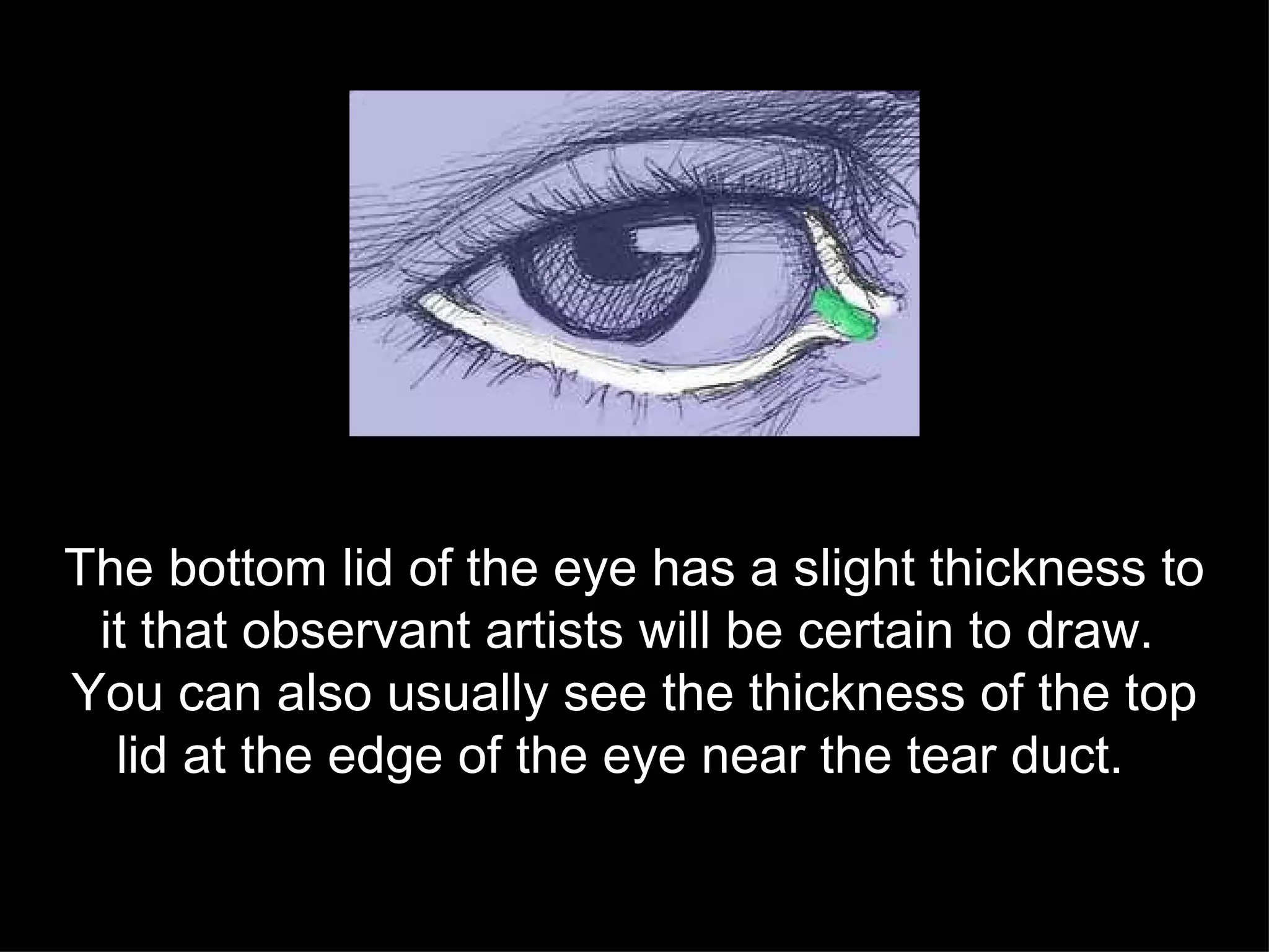 The bottom lid of the eye has a slight thickness to it that observant artists will be certain to draw.  You can also usually see the thickness of the top lid at the edge of the eye near the tear duct.  