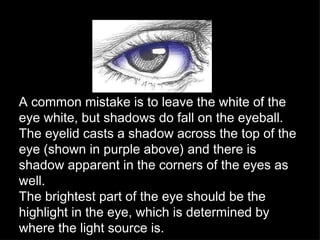 A common mistake is to leave the white of the eye white, but shadows do fall on the eyeball.  The eyelid casts a shadow across the top of the eye (shown in purple above) and there is shadow apparent in the corners of the eyes as well.  The brightest part of the eye should be the highlight in the eye, which is determined by where the light source is. 