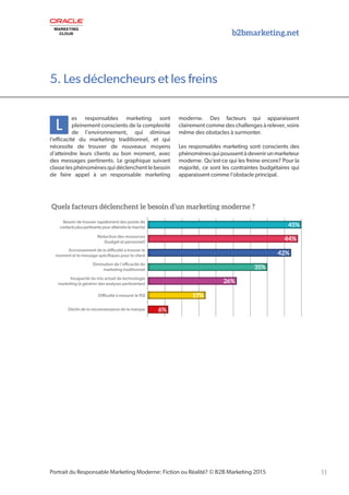 b2bmarketing.net
11
5. Les déclencheurs et les freins
Portrait du Responsable Marketing Moderne: Fiction ou Réalité? © B2B Marketing 2015
L
es responsables marketing sont
pleinement conscients de la complexité
de l’environnement, qui diminue
l’efficacité du marketing traditionnel, et qui
nécessite de trouver de nouveaux moyens
d’atteindre leurs clients au bon moment, avec
des messages pertinents. Le graphique suivant
classelesphénomènesquidéclenchentlebesoin
de faire appel à un responsable marketing
moderne. Des facteurs qui apparaissent
clairement comme des challenges à relever, voire
même des obstacles à surmonter.
Les responsables marketing sont conscients des
phénomènesquipoussentàdevenirunmarketeur
moderne. Qu’est-ce qui les freine encore? Pour la
majorité, ce sont les contraintes budgétaires qui
apparaissent comme l’obstacle principal.
Besoin de trouver rapidement des points de
contactspluspertinentspouratteindrelemarché
Réduction des ressources
(budget et personnel)
Accroissement de la diﬃculté à trouver le
moment et le message spéciﬁques pour le client
Diminution de l'eﬃcacité du
marketing traditionnel
Incapacité du mix actuel de technologie
marketing (à générer des analyses pertinentes)
Diﬃculté à mesurer le RSI
Déclin de la reconnaissance de la marque
45%
44%
42%
35%
26%
17%
6%
Quels facteurs déclenchent le besoin d’un marketing moderne ?
 