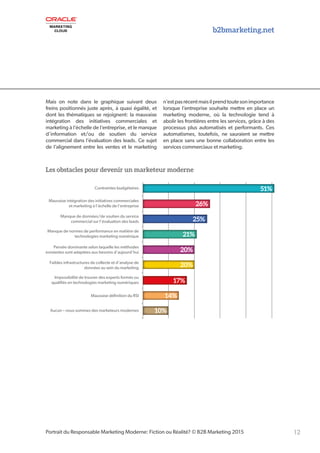 b2bmarketing.net
12Portrait du Responsable Marketing Moderne: Fiction ou Réalité? © B2B Marketing 2015
Contraintes budgétaires
Mauvaise intégration des initiatives commerciales
et marketing à l'échelle de l'entreprise
Manque de données/de soutien du service
commercial sur l'évaluation des leads
Manque de normes de performance en matière de
technologies marketing numérique
Pensée dominante selon laquelle les méthodes
existantes sont adaptées aux besoins d'aujourd'hui
Faibles infrastructures de collecte et d'analyse de
données au sein du marketing
Impossibilité de trouver des experts formés ou
qualiﬁés en technologies marketing numériques
Mauvaise déﬁnition du RSI
Aucun – nous sommes des marketeurs modernes
51%
26%
25%
21%
20%
20%
17%
14%
10%
Les obstacles pour devenir un marketeur moderne
Mais on note dans le graphique suivant deux
freins positionnés juste après, à quasi égalité, et
dont les thématiques se rejoignent: la mauvaise
intégration des initiatives commerciales et
marketing à l’échelle de l’entreprise, et le manque
d’information et/ou de soutien du service
commercial dans l’évaluation des leads. Ce sujet
de l’alignement entre les ventes et le marketing
n’estpasrécentmaisilprendtoutesonimportance
lorsque l’entreprise souhaite mettre en place un
marketing moderne, où la technologie tend à
abolir les frontières entre les services, grâce à des
processus plus automatisés et performants. Ces
automatismes, toutefois, ne sauraient se mettre
en place sans une bonne collaboration entre les
services commerciaux et marketing.
 