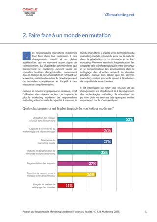 6
L
es responsables marketing modernes
font face dans leur profession à des
changements massifs et en pleine
accélération, qui ne montrent aucun signe de
ralentissement. La plupart des phénomènes qui
transforment le marketing ouvrent aussi de
nouvelles fenêtres d’opportunités, notamment
dans le ciblage, la personnalisation et l’impact sur
les ventes, mais ils nécessitent le développement
de nouvelles compétences et l’appel à des
ressources complémentaires.
Comme le montre le graphique ci-dessous, c’est
l’utilisation des réseaux sociaux qui impacte le
plus le marketing moderne. Les responsables
marketing citent ensuite la capacité à mesurer le
RSI du marketing, à égalité avec l’émergence du
marketing mobile, et suivi de près par la maturité
dans la génération de la demande et le lead
nurturing. Viennent ensuite la fragmentation des
supports et le transfert de pouvoir entre la marque
et le consommateur. Les améliorations dans le
nettoyage des données arrivent en dernière
position, preuve sans doute que les services
marketing restent prudents quant à l’évaluation
de la qualité de leurs données.
Il est intéressant de noter que chacun de ces
changements est directement lié à la progression
des technologies marketing. Ils n’auraient pas
pu être cités ne serait-ce que quelques années
auparavant, car ils n’existaient pas.
2. Faire face à un monde en mutation
Portrait du Responsable Marketing Moderne: Fiction ou Réalité? © B2B Marketing 2015
Utilisation des réseaux
sociaux dans le marketing
Capacité à suivre le RSI du
marketing grâce à la technologie
Émergence du
marketing mobile
Maturité de la génération de
demande et du lead nurturing
Fragmentation des supports
Transfert de pouvoir entre la
marque et le consommateur
Progrès en matière de
nettoyage des données
Quels changements ont le plus impacté le marketing moderne ?
52%
37%
37%
35%
27%
26%
11%
b2bmarketing.net
Quels changements ont le plus impacté le marketing moderne ?
 