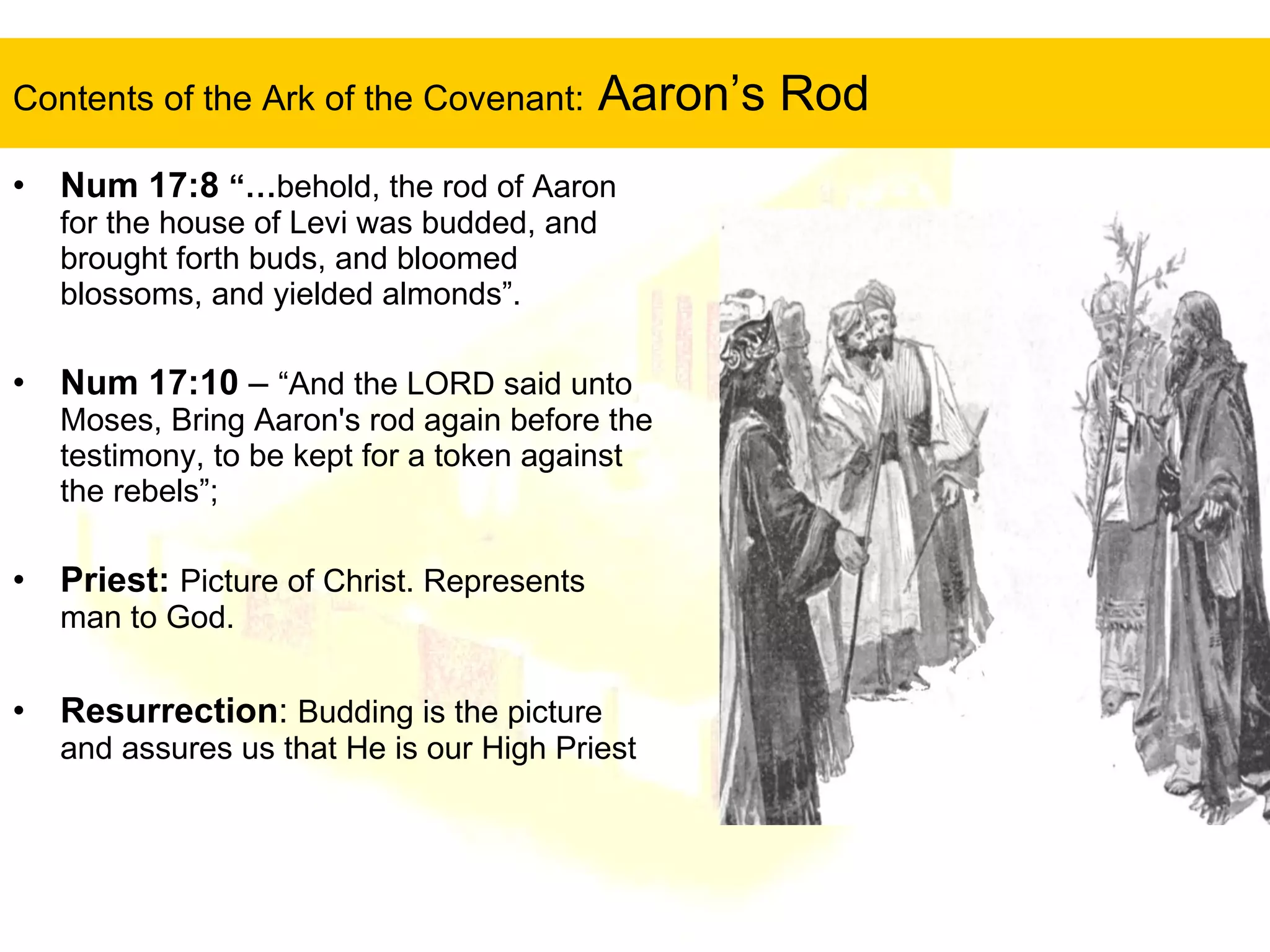 Num 17:8  “… behold, the rod of Aaron for the house of Levi was budded, and brought forth buds, and bloomed blossoms, and yielded almonds”.  Num 17:10  –  “And the LORD said unto Moses, Bring Aaron's rod again before the testimony, to be kept for a token against the rebels”;  Priest:  Picture of Christ. Represents man to God. Resurrection :  Budding is the picture and assures us that He is our High Priest Contents of the Ark of the Covenant:  Aaron’s Rod 