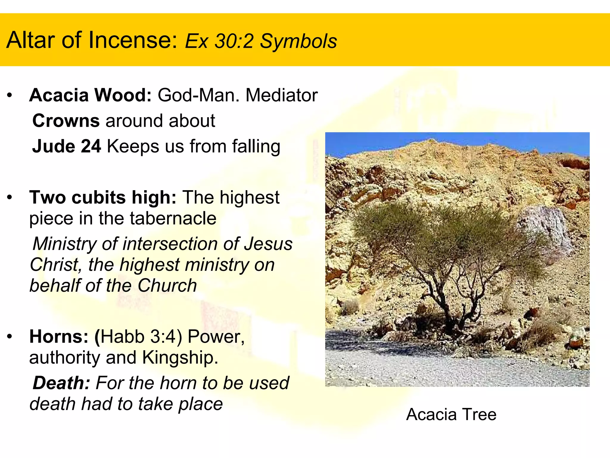 Altar of Incense:  Ex 30:2 Symbols  Acacia Wood:  God-Man. Mediator Crowns  around about Jude 24  Keeps us from falling Two cubits high:  The highest piece in the tabernacle Ministry of intersection of Jesus Christ, the highest ministry on behalf of the Church Horns: ( Habb 3:4) Power, authority and Kingship. Death:  For the horn to be used death had to take place   Acacia Tree 