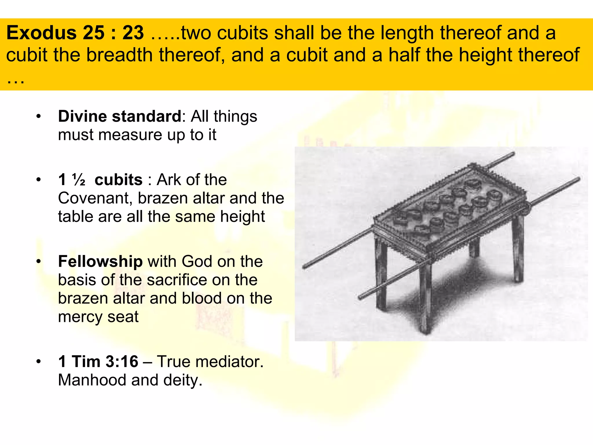 Exodus 25 : 23  …..two cubits shall be the length thereof and a cubit the breadth thereof, and a cubit and a half the height thereof … Divine standard : All things must measure up to it 1 ½  cubits  : Ark of the Covenant, brazen altar and the table are all the same height Fellowship  with God on the basis of the sacrifice on the brazen altar and blood on the mercy seat 1 Tim 3:16  – True mediator. Manhood and deity. 