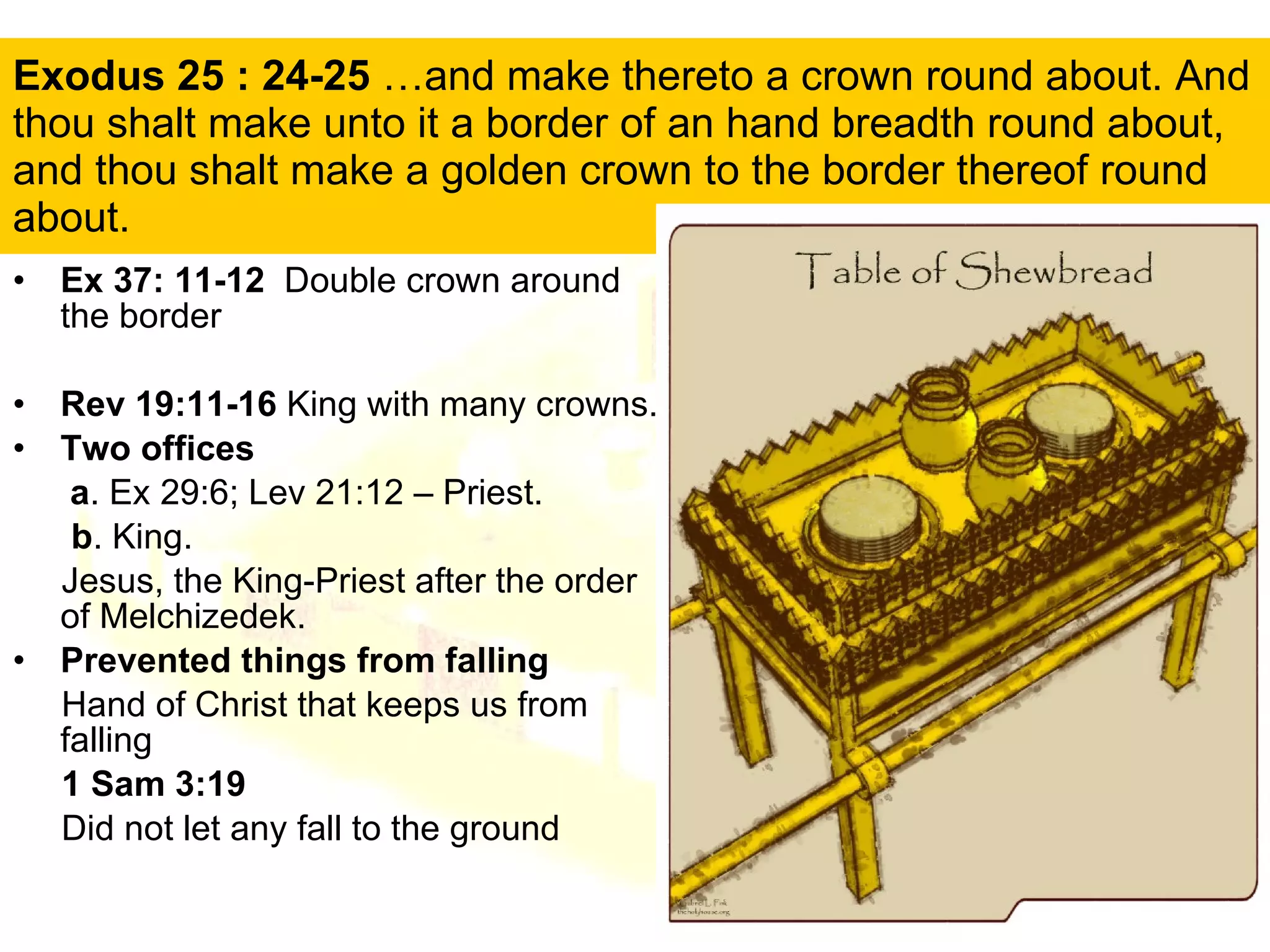 Exodus 25 : 24-25  …and make thereto a crown round about. And thou shalt make unto it a border of an hand breadth round about, and thou shalt make a golden crown to the border thereof round about. Ex 37: 11-12  Double crown around the border Rev 19:11-16  King with many crowns. Two offices   a . Ex 29:6; Lev 21:12 – Priest.  b . King.  Jesus, the King-Priest after the order of Melchizedek.  Prevented things from falling Hand of Christ that keeps us from falling 1 Sam 3:19   Did not let any fall to the ground 