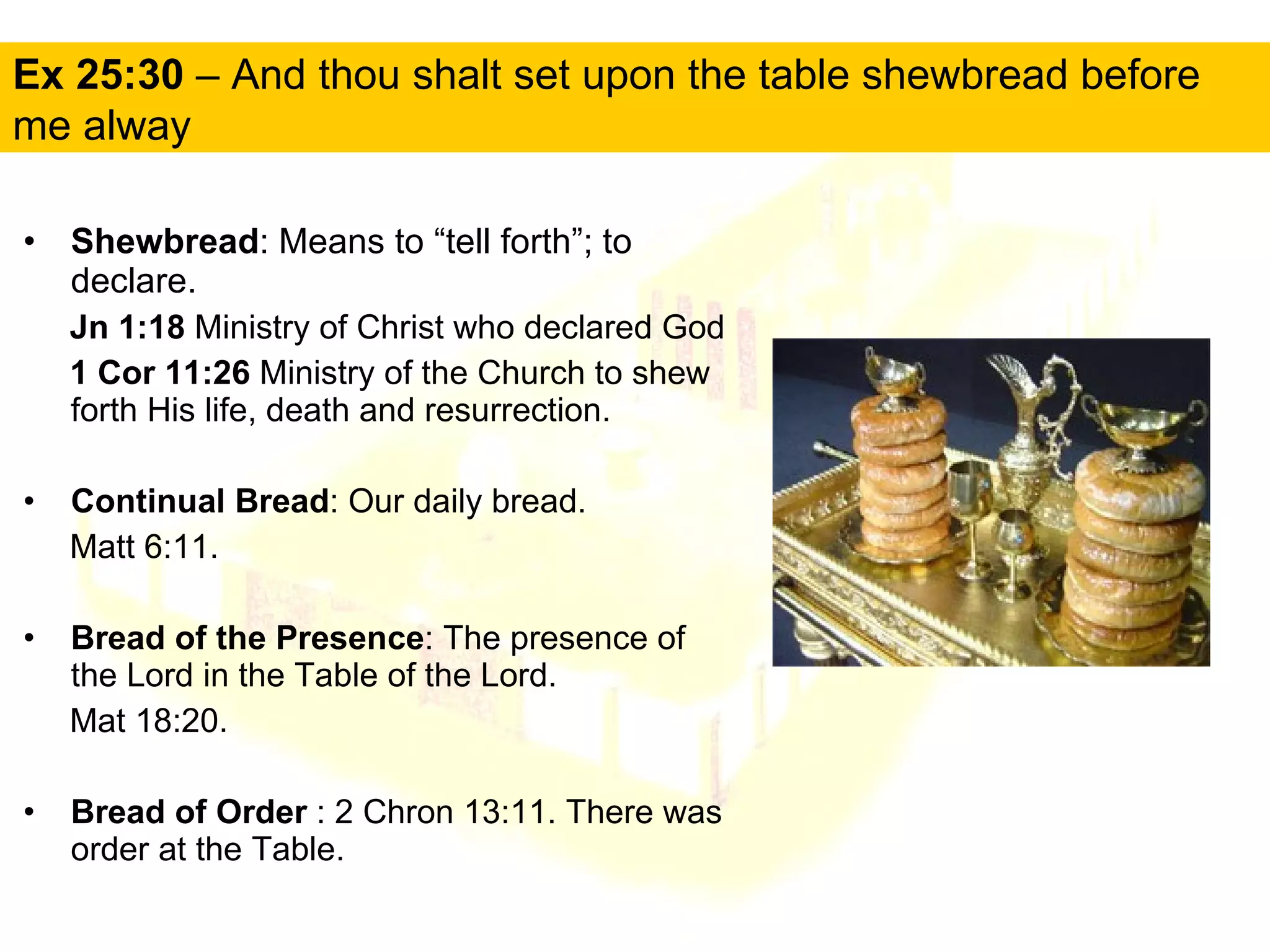 Ex 25:30  – And thou shalt set upon the table shewbread before me alway Shewbread : Means to “tell forth”; to declare. Jn 1:18  Ministry of Christ who declared God 1 Cor 11:26  Ministry of the Church to shew forth His life, death and resurrection. Continual Bread : Our daily bread.  Matt 6:11. Bread of the Presence : The presence of the Lord in the Table of the Lord.  Mat 18:20. Bread of Order  : 2 Chron 13:11. There was order at the Table. 