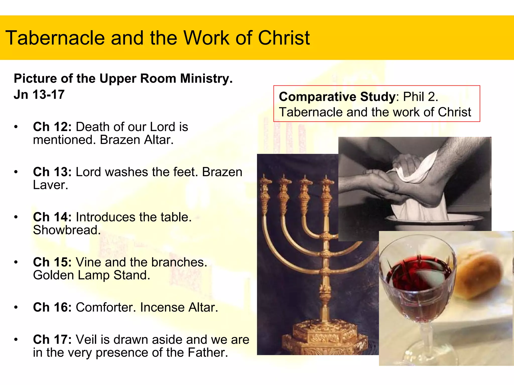 Tabernacle and the Work of Christ Picture of the Upper Room Ministry.  Jn 13-17 Ch 12:  Death of our Lord is mentioned. Brazen Altar. Ch 13:  Lord washes the feet. Brazen Laver. Ch 14:  Introduces the table. Showbread. Ch 15:  Vine and the branches. Golden Lamp Stand. Ch 16:  Comforter. Incense Altar. Ch 17:  Veil is drawn aside and we are in the very presence of the Father.  Comparative Study : Phil 2. Tabernacle and the work of Christ  