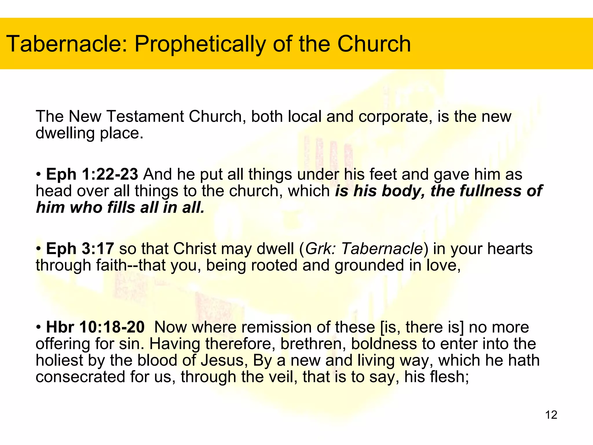 Tabernacle: Prophetically of the Church The New Testament Church, both local and corporate, is the new dwelling place. Eph 1:22-23  And he put all things under his feet and gave him as head over all things to the church, which  is his body, the fullness of him who fills all in all.  Eph 3:17  so that Christ may dwell ( Grk: Tabernacle ) in your hearts through faith--that you, being rooted and grounded in love,  Hbr 10:18-20   Now where remission of these [is, there is] no more offering for sin. Having therefore, brethren, boldness to enter into the holiest by the blood of Jesus, By a new and living way, which he hath consecrated for us, through the veil, that is to say, his flesh;  