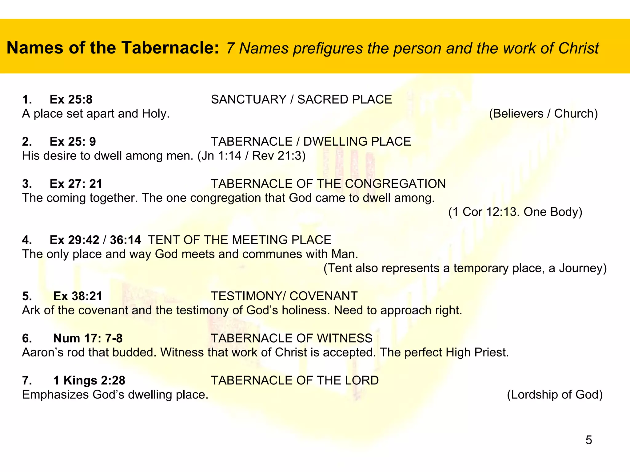 Names of the Tabernacle:   7 Names prefigures the person and the work of Christ 1.  Ex 25:8   SANCTUARY / SACRED PLACE A place set apart and Holy.    (Believers / Church) 2.  Ex 25: 9   TABERNACLE / DWELLING PLACE His desire to dwell among men. (Jn 1:14 / Rev 21:3)  3.  Ex 27: 21 TABERNACLE OF THE CONGREGATION The coming together. The one congregation that God came to dwell among.  (1 Cor 12:13. One Body) 4.  Ex 29:42  /  36:14 TENT OF THE MEETING PLACE The only place and way God meets and communes with Man.  (Tent also represents a temporary place, a Journey) 5.  Ex 38:21  TESTIMONY/ COVENANT Ark of the covenant and the testimony of God’s holiness. Need to approach right. 6.  Num 17: 7-8 TABERNACLE OF WITNESS Aaron’s rod that budded. Witness that work of Christ is accepted. The perfect High Priest. 7.  1 Kings 2:28 TABERNACLE OF THE LORD Emphasizes God’s dwelling place.   (Lordship of God) 