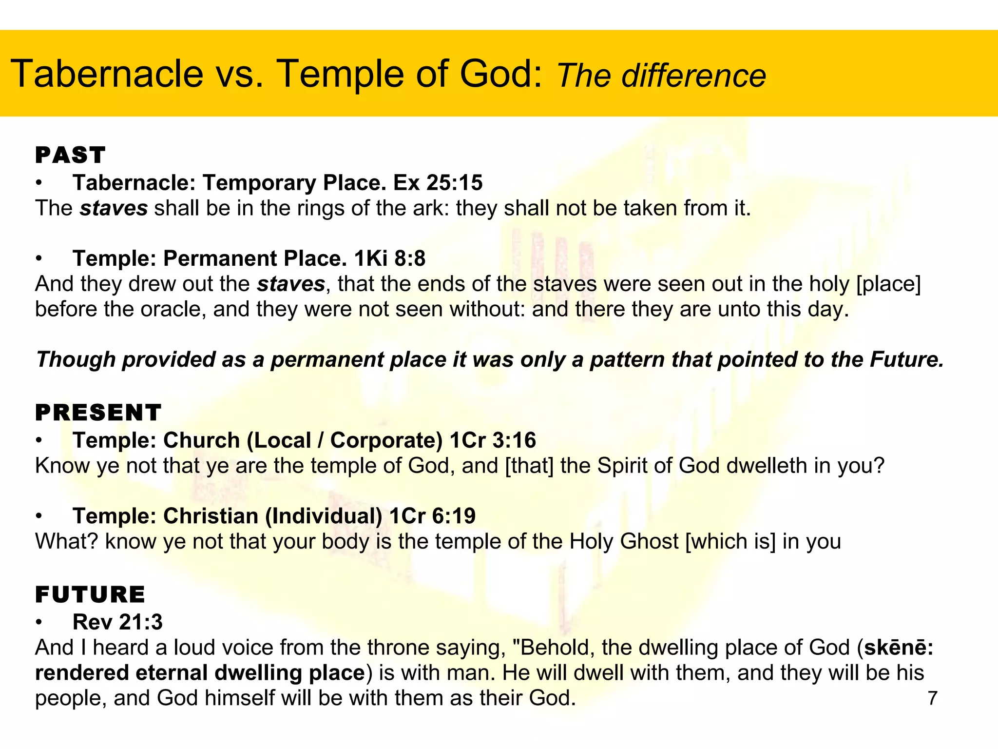 Tabernacle vs. Temple of God:  The difference PAST Tabernacle: Temporary Place.  Ex 25:15 The  staves  shall be in the rings of the ark: they shall not be taken from it.  Temple: Permanent Place.  1Ki 8:8  And they drew out the  staves , that the ends of the staves were seen out in the holy [place]  before the oracle, and they were not seen without: and there they are unto this day.  Though provided as a permanent place it was only a pattern that pointed to the Future. PRESENT Temple: Church (Local / Corporate) 1Cr 3:16   Know ye not that ye are the temple of God, and [that] the Spirit of God dwelleth in you?  Temple: Christian (Individual) 1Cr 6:19   What? know ye not that your body is the temple of the Holy Ghost [which is] in you FUTURE Rev 21:3 And I heard a loud voice from the throne saying, "Behold, the dwelling place of God ( skēnē:  rendered eternal dwelling place ) is with man. He will dwell with them, and they will be his  people, and God himself will be with them as their God.  