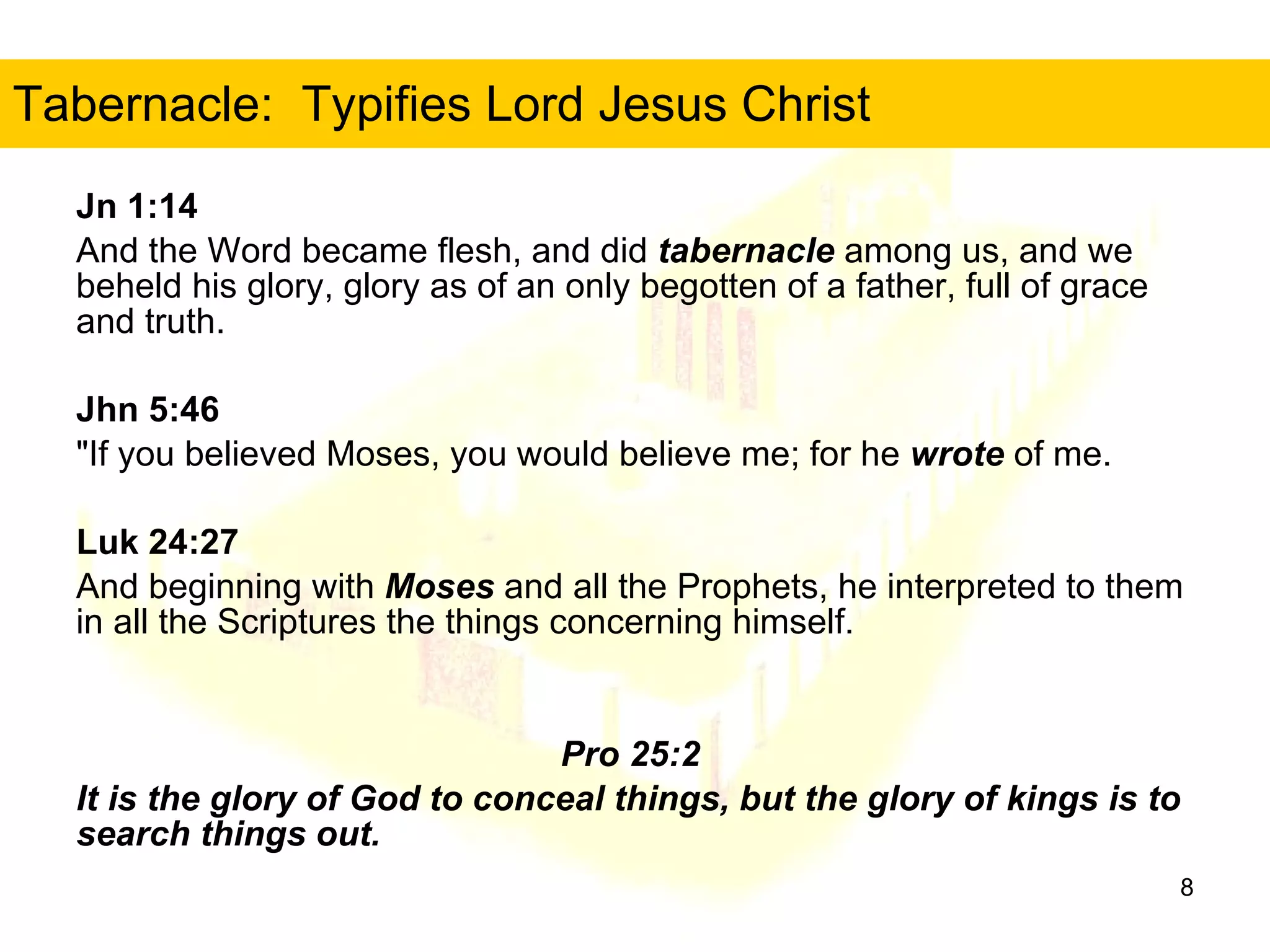 Tabernacle:  Typifies Lord Jesus Christ Jn 1:14 And the Word became flesh, and did  tabernacle  among us, and we beheld his glory, glory as of an only begotten of a father, full of grace and truth.  Jhn 5:46   "If you believed Moses, you would believe me; for he  wrote  of me.  Luk 24:27 And beginning with  Moses  and all the Prophets, he interpreted to them in all the Scriptures the things concerning himself.  Pro 25:2  It is the glory of God to conceal things, but the glory of kings is to search things out.  