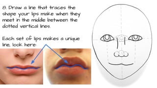 8. Draw a line that traces the
shape your lips make when they
meet in the middle between the
dotted vertical lines.
Each set of lips makes a unique
line, look here:

 