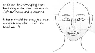 14. Draw two swooping lines,
beginning wider than the mouth,
for the neck and shoulders.
(There should be enough space
on each shoulder to fit one
head-width!)

 