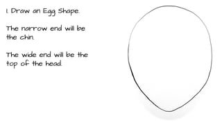 1. Draw an Egg Shape.
The narrow end will be
the chin.
The wide end will be the
top of the head.

 
