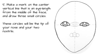 5. Make a mark on the center
vertical line that is an eye-length
from the middle of the face,
and draw three small circles.
These circles will be the tip of
your nose and your two
nostrils.

 