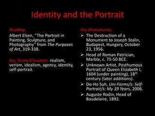 Identity and the Portrait
Reading                               Key Monuments:
Albert Elsen, “The Portrait in         The Destruction of a
Painting, Sculpture, and                 Monument to Joseph Stalin,
Photography” from The Purposes           Budapest, Hungary, October
of Art, 319-338.                         23, 1956.
                                       Head of Roman Patrician,
Key Terms/Concepts: realism,             Marble, c. 75-50 BCE.
verism, idealism, agency, identity,    Unknown Artist, Posthumous
self-portrait.                           Portrait of Queen Elizabeth I,
                                         1604 (under painting), 18th
                                         century (later additions).
                                       Do-Ho Suh, Uni-Forms/s: Self-
                                         Portrait/s: My 39 Years, 2006.
                                       Auguste Rodin, Head of
                                         Baudelaire, 1892.
 