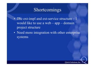 Shortcomings
• The ext-impl and ext-service structure – I
  would like to use a web – app – domain
  project structure
• Need more integration with other enterprise
  systems




                                            20
 