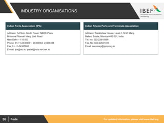 For updated information, please visit www.ibef.orgPorts36
INDUSTRY ORGANISATIONS
Address: 1st floor, South Tower, NBCC Place
Bhishma Pitamah Marg, Lodi Road
New Delhi – 110 003
Phone: 91-11-24369061, 24369063, 24368334
Fax: 91-11-24365866
E-mail: ipa@nic.in, ipadel@nda.vsnl.net.in
Indian Ports Association (IPA)
Address: Darabshaw House, Level-1, N.M. Marg,
Ballard Estate, Mumbai 400 001, India
Tel. No: 022-22610599
Fax. No: 022-22621405
Email: secretary@ippta.org.in
Indian Private Ports and Terminals Association
 