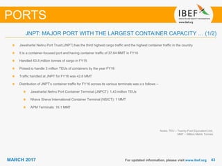 4343MARCH 2017 For updated information, please visit www.ibef.org
Jawaharlal Nehru Port Trust (JNPT) has the third highest cargo traffic and the highest container traffic in the country
It is a container-focused port and having container traffic of 37.64 MMT in FY16
Handled 63.8 million tonnes of cargo in FY15
Poised to handle 3 million TEUs of containers by the year FY16
Traffic handled at JNPT for FY16 was 42.6 MMT
Distribution of JNPT’s container traffic for FY16 across its various terminals was a s follows –
Jawaharlal Nehru Port Container Terminal (JNPCT): 1.43 million TEUs
Nhava Sheva International Container Terminal (NSICT): 1 MMT
APM Terminals: 16.1 MMT
PORTS
Notes: TEU – Twenty-Foot Equivalent Unit,
MMT – Million Metric Tonnes
JNPT: MAJOR PORT WITH THE LARGEST CONTAINER CAPACITY … (1/2)
 