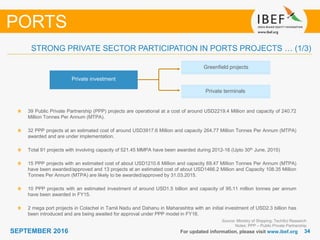3434SEPTEMBER 2016 For updated information, please visit www.ibef.org
STRONG PRIVATE SECTOR PARTICIPATION IN PORTS PROJECTS … (1/3)
39 Public Private Partnership (PPP) projects are operational at a cost of around USD2219.4 Million and capacity of 240.72
Million Tonnes Per Annum (MTPA).
32 PPP projects at an estimated cost of around USD3917.6 Million and capacity 264.77 Million Tonnes Per Annum (MTPA)
awarded and are under implementation.
Total 91 projects with involving capacity of 521.45 MMPA have been awarded during 2012-16 (Upto 30th June, 2015)
15 PPP projects with an estimated cost of about USD1210.6 Million and capacity 69.47 Million Tonnes Per Annum (MTPA)
have been awarded/approved and 13 projects at an estimated cost of about USD1466.2 Million and Capacity 108.35 Million
Tonnes Per Annum (MTPA) are likely to be awarded/approved by 31.03.2015.
10 PPP projects with an estimated investment of around USD1.5 billion and capacity of 95.11 million tonnes per annum
have been awarded in FY15.
2 mega port projects in Colachel in Tamil Nadu and Dahanu in Maharashtra with an initial investment of USD2.3 billion has
been introduced and are being awaited for approval under PPP model in FY16.
PORTS
Source: Ministry of Shipping; TechSci Research
Notes: PPP – Public Private Partnership
Private investment
Greenfield projects
Private terminals
 