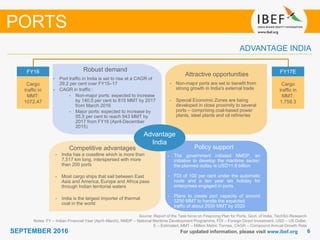 66SEPTEMBER 2016
Growing demand
For updated information, please visit www.ibef.org
ADVANTAGE INDIA
Source: Report of the Task force on Financing Plan for Ports, Govt. of India, TechSci Research
Notes: FY – Indian Financial Year (April–March), NMDP – National Maritime Development Programme, FDI – Foreign Direct Investment, USD – US Dollar,
E – Estimated, MMT – Million Metric Tonnes, CAGR – Compound Annual Growth Rate
Robust demand
• Port traffic in India is set to rise at a CAGR of
29.2 per cent over FY15–17
• CAGR in traffic :
• Non-major ports: expected to increase
by 140.5 per cent to 815 MMT by 2017
from March 2016
• Major ports: expected to increase by
55.5 per cent to reach 943 MMT by
2017 from FY16 (April-December
2015)
Attractive opportunities
• Non-major ports are set to benefit from
strong growth in India’s external trade
• Special Economic Zones are being
developed in close proximity to several
ports – comprising coal-based power
plants, steel plants and oil refineries
Policy support
• The government initiated NMDP, an
initiative to develop the maritime sector;
the planned outlay is USD11.8 billion
• FDI of 100 per cent under the automatic
route and a ten year tax holiday for
enterprises engaged in ports
• Plans to create port capacity of around
3200 MMT to handle the expected
• traffic of about 2500 MMT by 2020
Competitive advantages
• India has a coastline which is more than
7,517 km long, interspersed with more
than 200 ports
• Most cargo ships that sail between East
Asia and America, Europe and Africa pass
through Indian territorial waters
• India is the largest importer of thermal
coal in the world
FY16
Cargo
traffic in
MMT:
1072.47
FY17E
Cargo
traffic in
MMT:
1,758.3
Advantage
India
PORTS
 