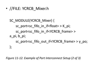 • //FILE: YCRCB_Mixer.h
SC_MODULE(YCRCB_Mixer) {
sc_port<sc_fifo_in_if<float> > K_pi;
sc_port<sc_fifo_in_if<YCRCB_frame> >
a_pi, b_pi;
sc_port<sc_fifo_out_if<YCRCB_frame> > y_po;
);
Figure 11-12. Example of Port Interconnect Setup (2 of 3)

 