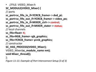 • //FILE: VIDEO_Mixer.h
SC_MODULE(VIDEO_Mixer) {
// ports
sc_port<sc_fifo_in_if<YCRCB_frame> > dvd_pi;
sc_port<sc_fifo_out_if<YCRCB_frame> > video_po;
sc_port<sc_fifo_in_if<MIXER_ctrl> > control;
sc_port<sc_fifo_out_if<MIXER_state> > status;
// local channels
sc_fifo<float> K;
sc_fifo<RGB_frame> rgb_graphics;
sc_fifo<YCRCB_frame> ycrcb_graphics;
// constructor
SC_HAS_PROCESS(VIDEO_Mixer);
VIDEO_Mixer(sc_module_name nm);
void Mixer_thread();
};
Figure 11-13. Example of Port Interconnect Setup (3 of 3)

 