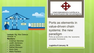 Ports as elements in
value-driven chain
systems: the new
paradigm
Ports as economic units: the `economic
principles’ framework
Lecture: Mg. Max Galarza
GRADE:10
Members:
• Cristhian Sánchez
• Judith Zambrano
• Jacinto Mieles
• Nathali Moncayo
• Kevin Soto
• Mario Pacheco
Logistics II January 18
 