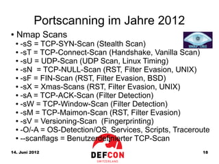 Portscanning im Jahre 2012
●   Nmap Scans
    ● -sS = TCP-SYN-Scan (Stealth Scan)
    ● -sT = TCP-Connect-Scan (Handshake, Vanilla Scan)

    ● -sU = UDP-Scan (UDP Scan, Linux Timing)

    ● -sN = TCP-NULL-Scan (RST, Filter Evasion, UNIX)

    ● -sF = FIN-Scan (RST, Filter Evasion, BSD)

    ● -sX = Xmas-Scans (RST, Filter Evasion, UNIX)

    ● -sA = TCP-ACK-Scan (Filter Detection)

    ● -sW = TCP-Window-Scan (Filter Detection)

    ● -sM = TCP-Maimon-Scan (RST, Filter Evasion)

    ● -sV = Versioning-Scan (Fingerprinting)

    ● -O/-A = OS-Detection/OS, Services, Scripts, Traceroute

    ● --scanflags = Benutzerdefinierter TCP-Scan



14. Juni 2012                                             18
 