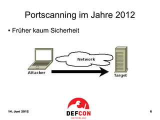 Portscanning im Jahre 2012
●   Früher kaum Sicherheit




14. Juni 2012                          6
 