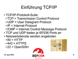 Einführung TCP/IP
● TCP/IP-Protokoll-Suite:
  ● TCP = Transmission Control Protocol

  ● UDP = User Datagram Protocol

  ● IP = Internet Protocol

  ● ICMP = Internet Control Message Protocol

● TCP und UDP bieten je 65'536 Ports an

● Netzwerkdienste werden angeboten

  ● 80 = HTTP

  ● 443 = HTTPS

  ● 22 = OpenSSH




14. Juni 2012                                  9
 