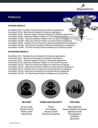 www.armour.gr
DEFENSE MODELS
HoverMast 50 M - Excellent Size-to-Payload for Defense Applications
HoverMast 100 M - Best Size-to-Payload for Defense Applications
HoverMast 150 M - Greatest Height, Heaviest Payloads for Defense Applications
HoverMast 50 MS - Stationary Defense Platform for Top Wind Endurance
HoverMast 100 MS - Stationary Defense Platform with Top Size-to-Payload
HoverMast 150 MS - Stationary Defense Platform for Ultra-Powerful Intelligence
HoverMast 50 MN - Excellent Size to Payload for Defense-Related Marine Intelligence
HoverMast 100 MN - Best-Size-to-Payload for Defense-Related Marine Intelligence
HoverMast 150 MN - The Most Powerful Marine Intelligence for Defense Entities
ENTERPRISE MODELS
HoverMast 50 C - Excellent Size-to-Payload for Enterprise Applications
Hovermast 100 C - Best Size-to-Payload for Enterprise Applications
Hovermast 150 C - Greatest Heights & Power for Enterprise Applications
HoverMast 50 CS -Stationary Enterprise Platform for Top Wind Endurance
HoverMast 100 CS - Stationary Enterprise Platform for Best Size-to-Payload
HoverMast 150 CS - Stationary Enterprise Platform for Ultra-Powerful Intelligence
HoverMast 50 CN - Excellent Size to Payload for Enterprise Marine Intelligence
HoverMast 100 CN - Best-Size-to-Payload for Enterprise Marine Intelligence
HoverMast 150 CN - The Most Powerful Marine Intelligence for Enterprises
Platforms
MILITARY
Armory Units
Border Control
Infantry Units
Naval Ships
HOMELAND SECURITY
Police
Fire Fighters
Border Control
Security Companies
CIVILIANS
News Agencies
Power Supplies Companies
Sporting Events
Photographers
Architects
Agriculture
 