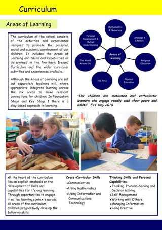 The curriculum of the school consists
of the activities and experiences
designed to promote the personal,
social and academic development of our
children. It includes the Areas of
Learning and Skills and Capabilities as
determined in the Northern Ireland
Curriculum and the wider curricular
activities and experiences available.
Although the Areas of Learning are set
out separately teachers will, where
appropriate, integrate learning across
the six areas to make relevant
connections for children. In Foundation
Stage and Key Stage 1 there is a
play-based approach to learning.
Personal
Development &
Mutual
Understanding
The World
Around Us
The Arts
Physical
Education
Religious
Education
Language &
Literacy
Mathematics
& Numeracy
Areas of
Learning
At the heart of the curriculum
lies an explicit emphasis on the
development of skills and
capabilities for lifelong learning.
Through opportunities to engage
in active learning contexts across
all areas of the curriculum,
children progressively develop the
following skills:
Curriculum
Areas of Learning
Cross-Curricular Skills:
Communication
Using Mathematics
Using Information and
Communications
Technology
Thinking Skills and Personal
Capabilities:
Thinking, Problem-Solving and
Decision Making
Self Management
Working with Others
Managing Information
Being Creative
“The children are motivated and enthusiastic
learners who engage readily with their peers and
adults”. ETI May 2016
 