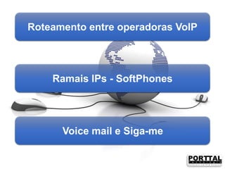 Roteamento entre operadoras VoIP

Ramais IPs - SoftPhones

Voice mail e Siga-me

 