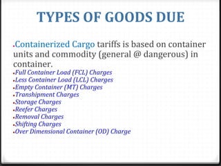 TYPES OF GOODS DUE
●Containerized Cargo tariffs is based on container
units and commodity (general @ dangerous) in
container.
●Full Container Load (FCL) Charges
●Less Container Load (LCL) Charges
●Empty Container (MT) Charges
●Transhipment Charges
●Storage Charges
●Reefer Charges
●Removal Charges
●Shifting Charges
●Over Dimensional Container (OD) Charge
 