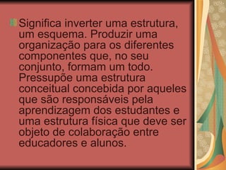 Significa inverter uma estrutura, um esquema. Produzir uma organização para os diferentes componentes que, no seu conjunto, formam um todo. Pressupõe uma estrutura conceitual concebida por aqueles que são responsáveis pela aprendizagem dos estudantes e uma estrutura física que deve ser objeto de colaboração entre educadores e alunos. 