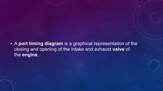 • A port timing diagram is a graphical representation of the
closing and opening of the intake and exhaust valve of
the engine,
 
