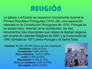 RELIGIÓN La Iglesia y el Estado se separaron formalmente durante la Primera República Portuguesa (1910–26), una separación reiterada en la Constitución Portuguesa de 1976. Portugal es un estado laico. Además de la constitución, los dos documentos más importantes que relatan la libertad religiosa son el acta de Libertad Religiosa de 2001 y la Concordata de 1940 (firmada en 1971) entre Portugal y la Santa Sede. Católicos : 84,53% (92,93% de los que han respondido) Ortodoxos : 0,20% (0,22%) Protestantes : 0,56% (0,61%) Otros cristianos : 1,41% (1,55%) Judíos : 0,02% (0,02%) Musulmanes : 0,14% (0,15%) Otros no cristianos : 0,16% (0,18%) Sin religión : 3,84% (4,33%) 