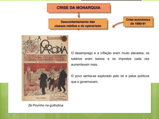O desemprego e a inflação eram muito elevados, os
                           salários eram baixos e os impostos cada vez
                           aumentavam mais.


                           O povo sentia-se explorado pelo rei e pelos políticos
                           que o governavam.




Zé Povinho na guilhotina
 