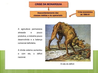 A agricultura permanecia
atrasada       e         pouco
produtiva, a indústria pouco
desenvolvida e a balança
comercial deficitária.


A dívida externa aumentou
e   com     ela,   o     déficit
nacional.


                                   O cão do déficit
 