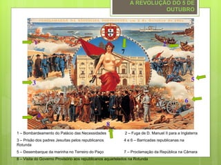 A REVOLUÇÃO DO 5 DE
                                                                          OUTUBRO




         1                                                                          2
                                                          7



                                                                                                    5
        3

                                                                                                6
          4
          4
                                                    8
1 – Bombardeamento do Palácio das Necessidades                2 – Fuga de D. Manuel II para a Inglaterra
3 – Prisão dos padres Jesuítas pelos republicanos          4 e 6 – Barricadas republicanas na
Rotunda
5 – Desembarque da marinha no Terreiro do Paço             7 – Proclamação da República na Câmara
8 – Visita do Governo Provisório aos republicanos aquartelados na Rotunda
 