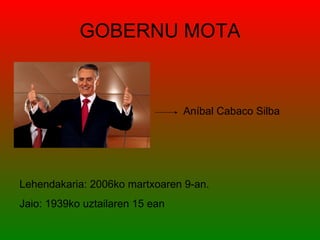 GOBERNU MOTA


                                 Aníbal Cabaco Silba




Lehendakaria: 2006ko martxoaren 9-an.
Jaio: 1939ko uztailaren 15 ean
 