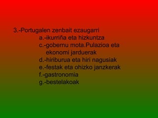 3.-Portugalen zenbait ezaugarri
         a.-ikurriña eta hizkuntza
         c.-gobernu mota.Pulazioa eta
            ekonomi jarduerak
         d.-hiriburua eta hiri nagusiak
         e.-festak eta ohizko janzkerak
         f.-gastronomia
         g.-bestelakoak
 