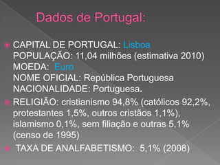  CAPITAL DE PORTUGAL: Lisboa
POPULAÇÃO: 11,04 milhões (estimativa 2010)
MOEDA: Euro
NOME OFICIAL: República Portuguesa
NACIONALIDADE: Portuguesa.
 RELIGIÃO: cristianismo 94,8% (católicos 92,2%,
protestantes 1,5%, outros cristãos 1,1%),
islamismo 0,1%, sem filiação e outras 5,1%
(censo de 1995)
 TAXA DE ANALFABETISMO: 5,1% (2008)
 