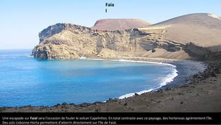 Une escapade sur Faial sera l'occasion de fouler le volcan Capelinhos. En total contraste avec ce paysage, des hortensias agrémentent l'île.
Des vols Lisbonne-Horta permettent d'atterrir directement sur l'île de Faial.
Faia
l
 