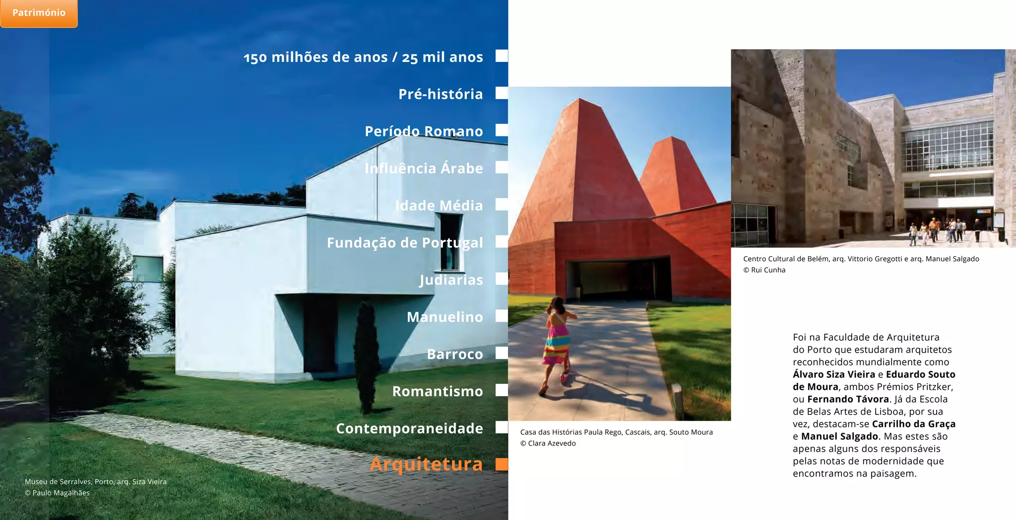 Foi na Faculdade de Arquitetura
do Porto que estudaram arquitetos
reconhecidos mundialmente como
Álvaro Siza Vieira e Eduardo Souto
de Moura, ambos Prémios Pritzker,
ou Fernando Távora. Já da Escola
de Belas Artes de Lisboa, por sua
vez, destacam-se Carrilho da Graça
e Manuel Salgado. Mas estes são
apenas alguns dos responsáveis
pelas notas de modernidade que
encontramos na paisagem.
Museu de Serralves, Porto, arq. Siza Vieira
© Paulo Magalhães
Casa das Histórias Paula Rego, Cascais, arq. Souto Moura
© Clara Azevedo
Centro Cultural de Belém, arq. Vittorio Gregotti e arq. Manuel Salgado
© Rui Cunha
150 milhões de anos / 25 mil anos
Período Romano
Idade Média
Judiarias
Barroco
Pré-história
Influência Árabe
Fundação de Portugal
Arquitetura
Manuelino
Romantismo
Contemporaneidade
Património
 