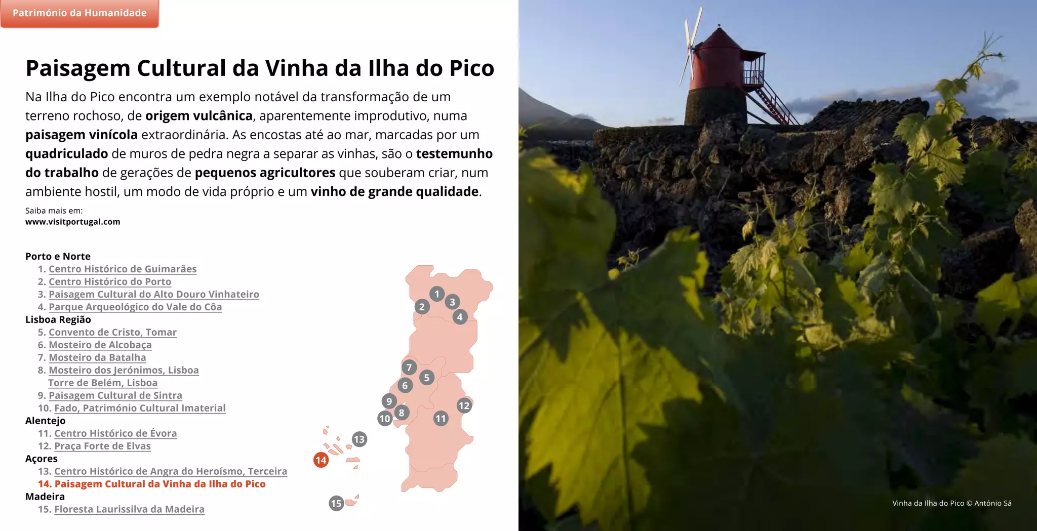 Vinha da Ilha do Pico © António Sá
Na Ilha do Pico encontra um exemplo notável da transformação de um
terreno rochoso, de origem vulcânica, aparentemente improdutivo, numa
paisagem vinícola extraordinária. As encostas até ao mar, marcadas por um
quadriculado de muros de pedra negra a separar as vinhas, são o testemunho
do trabalho de gerações de pequenos agricultores que souberam criar, num
ambiente hostil, um modo de vida próprio e um vinho de grande qualidade.
Saiba mais em:
www.visitportugal.com
Paisagem Cultural da Vinha da Ilha do Pico
(2)
14
7
11
5
9
8
6
10
4
2
3
1
Porto e Norte
1. Centro Histórico de Guimarães
2. Centro Histórico do Porto
3. Paisagem Cultural do Alto Douro Vinhateiro
4. Parque Arqueológico do Vale do Côa
Lisboa Região
5. Convento de Cristo, Tomar
6. Mosteiro de Alcobaça
7. Mosteiro da Batalha
8. Mosteiro dos Jerónimos, Lisboa
Torre de Belém, Lisboa
9. Paisagem Cultural de Sintra
10. Fado, Património Cultural Imaterial
Alentejo
11. Centro Histórico de Évora
12. Praça Forte de Elvas
Açores
13. Centro Histórico de Angra do Heroísmo, Terceira
14. Paisagem Cultural da Vinha da Ilha do Pico
Madeira
15. Floresta Laurissilva da Madeira
Património da Humanidade
15
13
12
 
