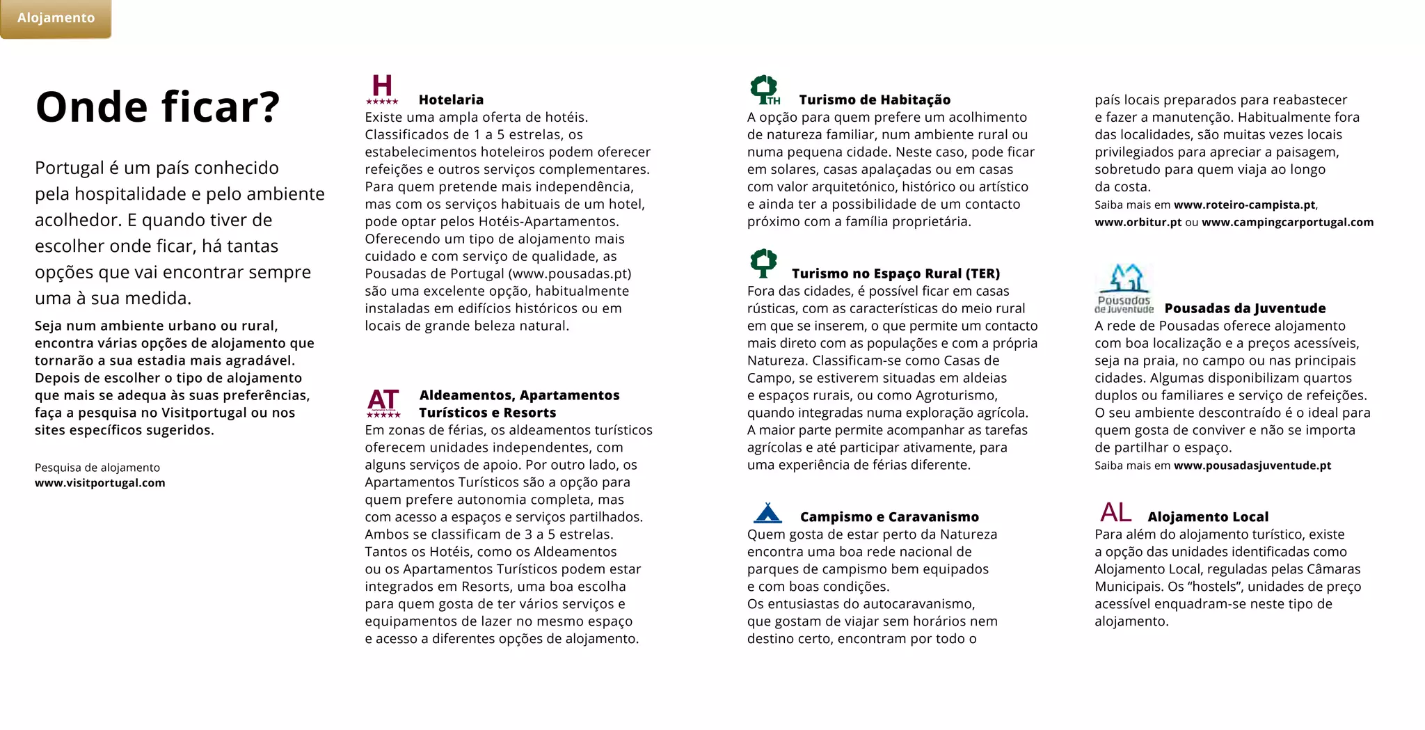 Portugal é um país conhecido
pela hospitalidade e pelo ambiente
acolhedor. E quando tiver de
escolher onde ficar, há tantas
opções que vai encontrar sempre
uma à sua medida.
Seja num ambiente urbano ou rural,
encontra várias opções de alojamento que
tornarão a sua estadia mais agradável.
Depois de escolher o tipo de alojamento
que mais se adequa às suas preferências,
faça a pesquisa no Visitportugal ou nos
sites específicos sugeridos.
Onde ficar? Hotelaria
Existe uma ampla oferta de hotéis.
Classificados de 1 a 5 estrelas, os
estabelecimentos hoteleiros podem oferecer
refeições e outros serviços complementares.
Para quem pretende mais independência,
mas com os serviços habituais de um hotel,
pode optar pelos Hotéis-Apartamentos.
Oferecendo um tipo de alojamento mais
cuidado e com serviço de qualidade, as
Pousadas de Portugal (www.pousadas.pt)
são uma excelente opção, habitualmente
instaladas em edifícios históricos ou em
locais de grande beleza natural.
Aldeamentos, Apartamentos
Turísticos e Resorts
Em zonas de férias, os aldeamentos turísticos
oferecem unidades independentes, com
alguns serviços de apoio. Por outro lado, os
Apartamentos Turísticos são a opção para
quem prefere autonomia completa, mas
com acesso a espaços e serviços partilhados.
Ambos se classificam de 3 a 5 estrelas.
Tantos os Hotéis, como os Aldeamentos
ou os Apartamentos Turísticos podem estar
integrados em Resorts, uma boa escolha
para quem gosta de ter vários serviços e
equipamentos de lazer no mesmo espaço
e acesso a diferentes opções de alojamento.
Turismo de Habitação
A opção para quem prefere um acolhimento
de natureza familiar, num ambiente rural ou
numa pequena cidade. Neste caso, pode ficar
em solares, casas apalaçadas ou em casas
com valor arquitetónico, histórico ou artístico
e ainda ter a possibilidade de um contacto
próximo com a família proprietária.
Turismo no Espaço Rural (TER)
Fora das cidades, é possível ficar em casas
rústicas, com as características do meio rural
em que se inserem, o que permite um contacto
mais direto com as populações e com a própria
Natureza. Classificam-se como Casas de
Campo, se estiverem situadas em aldeias
e espaços rurais, ou como Agroturismo,
quando integradas numa exploração agrícola.
A maior parte permite acompanhar as tarefas
agrícolas e até participar ativamente, para
uma experiência de férias diferente.
Campismo e Caravanismo
Quem gosta de estar perto da Natureza
encontra uma boa rede nacional de
parques de campismo bem equipados
e com boas condições.
Os entusiastas do autocaravanismo,
que gostam de viajar sem horários nem
destino certo, encontram por todo o
país locais preparados para reabastecer
e fazer a manutenção. Habitualmente fora
das localidades, são muitas vezes locais
privilegiados para apreciar a paisagem,
sobretudo para quem viaja ao longo
da costa.
Saiba mais em www.roteiro-campista.pt,
www.orbitur.pt ou www.campingcarportugal.com
Pousadas da Juventude
A rede de Pousadas oferece alojamento
com boa localização e a preços acessíveis,
seja na praia, no campo ou nas principais
cidades. Algumas disponibilizam quartos
duplos ou familiares e serviço de refeições.
O seu ambiente descontraído é o ideal para
quem gosta de conviver e não se importa
de partilhar o espaço.
Saiba mais em www.pousadasjuventude.pt
Alojamento Local
Para além do alojamento turístico, existe
a opção das unidades identificadas como
Alojamento Local, reguladas pelas Câmaras
Municipais. Os “hostels”, unidades de preço
acessível enquadram-se neste tipo de
alojamento.
Alojamento
Pesquisa de alojamento
www.visitportugal.com
 
