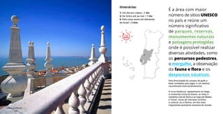 Pela diversidade de campos de golfe e
boas condições para jogar, é um destino
reconhecido internacionalmente.
A curta distância, rapidamente se chega
à conhecida Costa do Estoril, se visita a
romântica vila de Sintra e se viaja até Óbidos
e Tomar, locais de interesse turístico
e cultural, ou a Fátima, um dos mais
importantes santuários marianos do mundo.
É a área com maior
número de sítios UNESCO
no país e reúne um
número significativo
de parques, reservas,
monumentos naturais
e paisagens protegidas
onde é possível realizar
diversas atividades, como
os percursos pedestres,
o mergulho, a observação
da fauna e flora e os
desportos náuticos.
Itinerários:
1. Um dia em Lisboa | 1 dia
2. De Sintra até ao mar | 1 dia
3. Pela costa oeste em demanda
do Graal | 3 dias
1
3
2
1-3
DIAS
1-3
DIAS
Lisboa © José Manuel
 